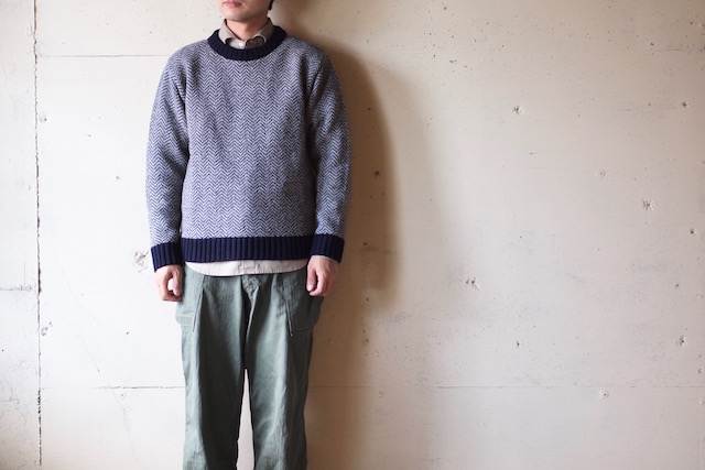 GLEN FYNE] Herringbone Crew Neck Sweater / Navy×Grey【UNCLE