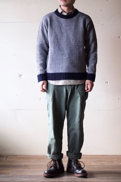 Glen Fyne Herringbone Crew Neck Sweater Navy×Grey-3