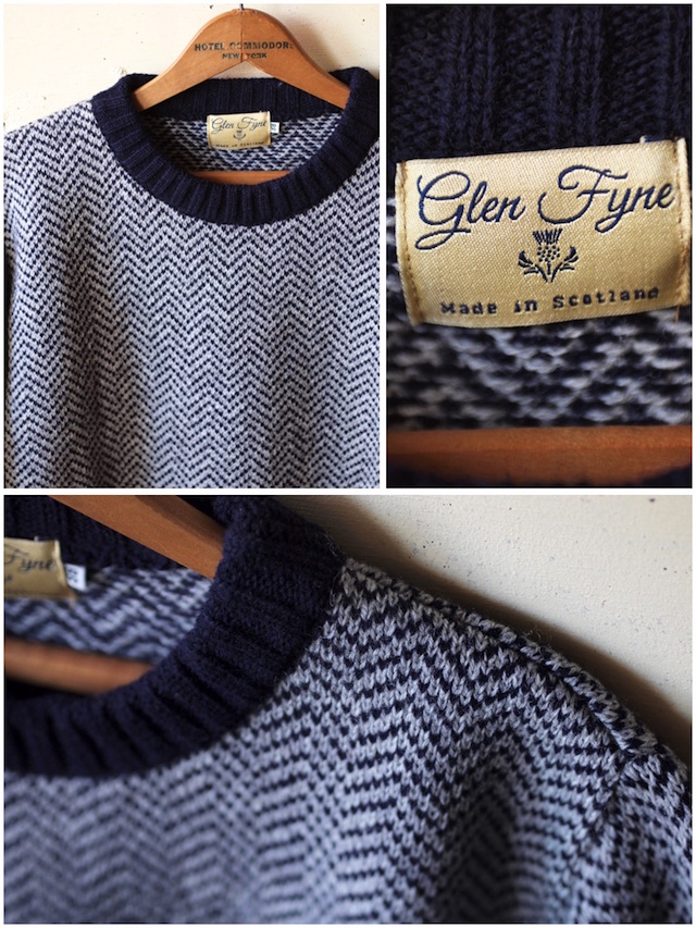 GLEN FYNE] Herringbone Crew Neck Sweater / Navy×Grey【UNCLE