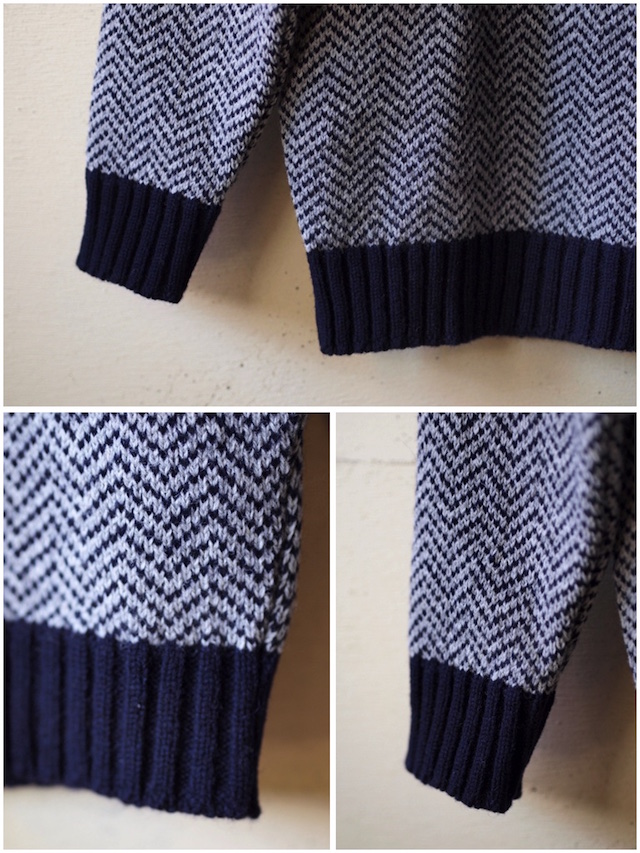 モ*モ様 Glen Fyne スコットランド製 ヘリンボーン柄ウールフリンジスト GLEN FYNE] Herringbone Crew Neck Sweater / Navy×Grey【UNCLE