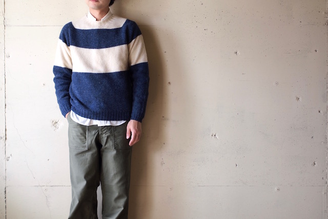 Harley of Scotland Shetland Sweater Big Border Denim×Cream-2