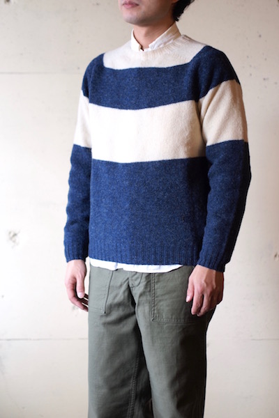 Harley of Scotland Shetland Sweater Big Border Denim×Cream-3