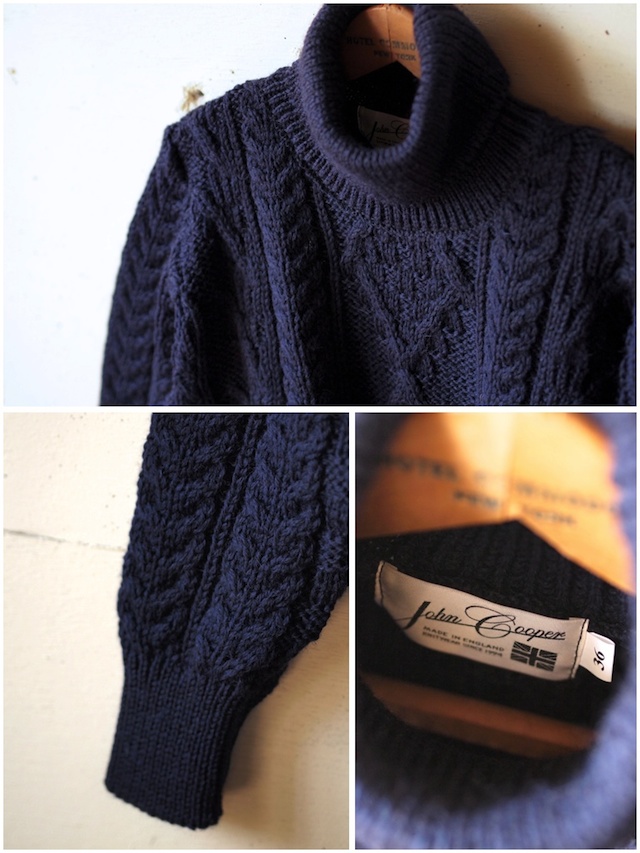 John Cooper Knitwear, Kearney Aran Cable, Roll Neck, Navy-6